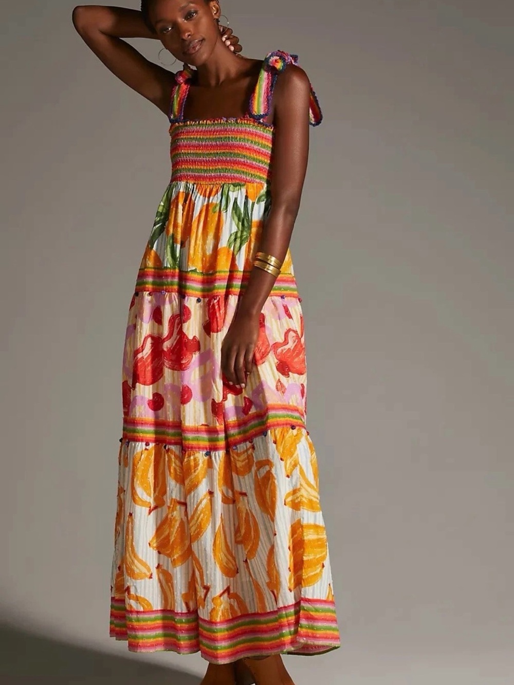 FARM Rio Multicolor Smocked Maxi Dress with Tie Straps